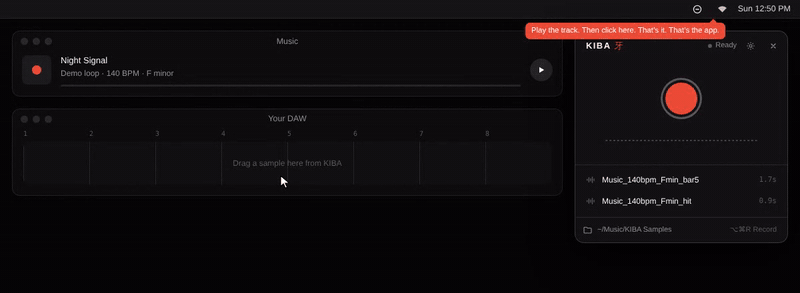 KIBA demo: recording from the menu bar, trimming, and dragging the sample into a DAW