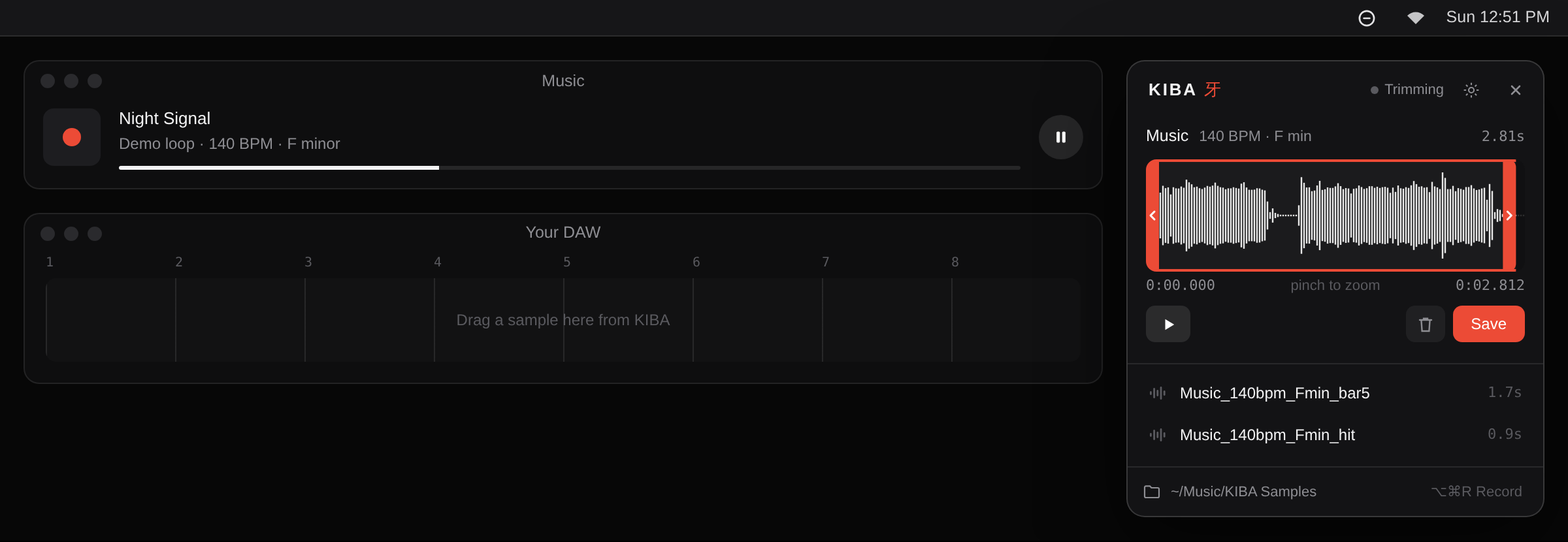 KIBA recording from a music player, trimming, and a sample in the DAW